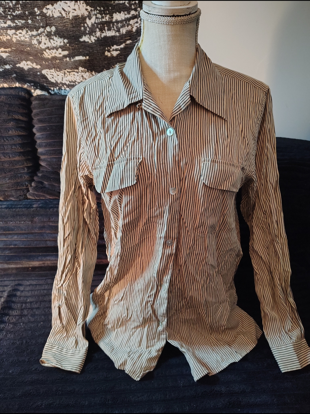 dressbarn Men's Beige and Black Striped Button-Down Shirt